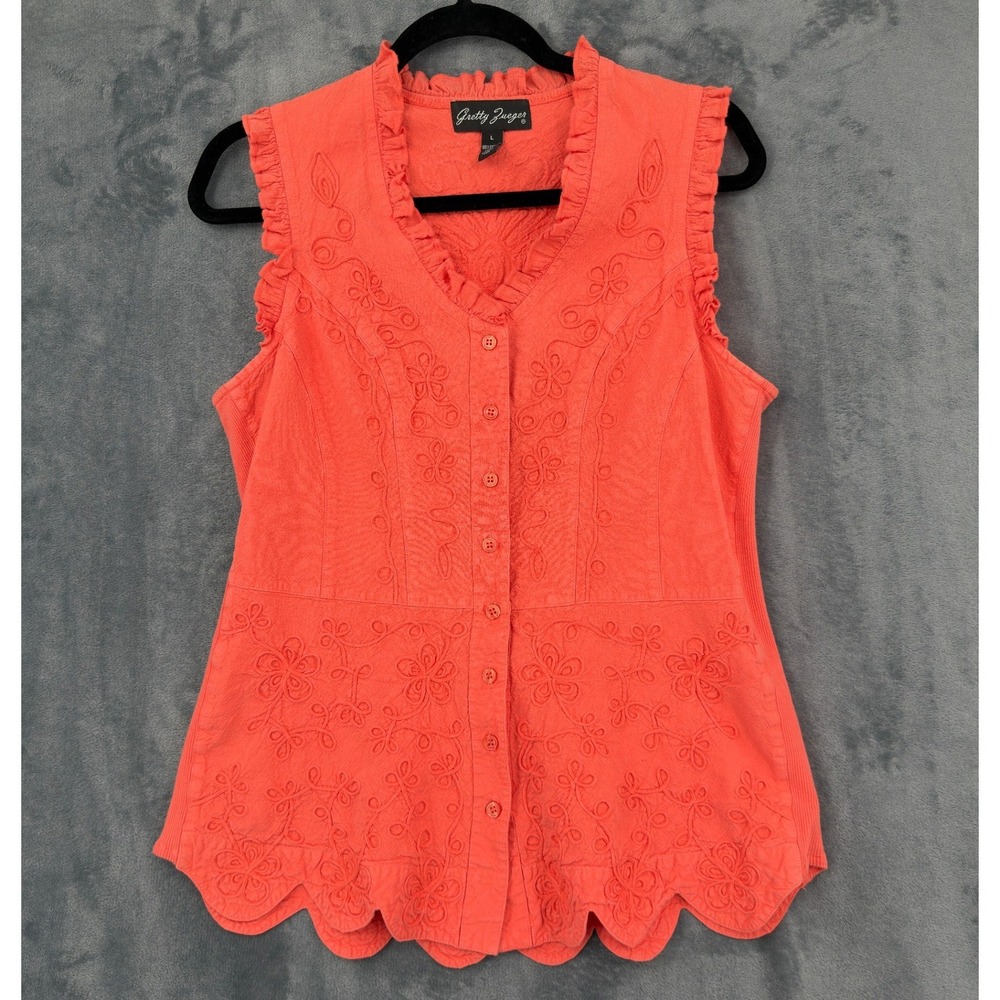Gretty Zueger Top Womens Size L Embroidered Ruffle Button Front Art to wear Boho